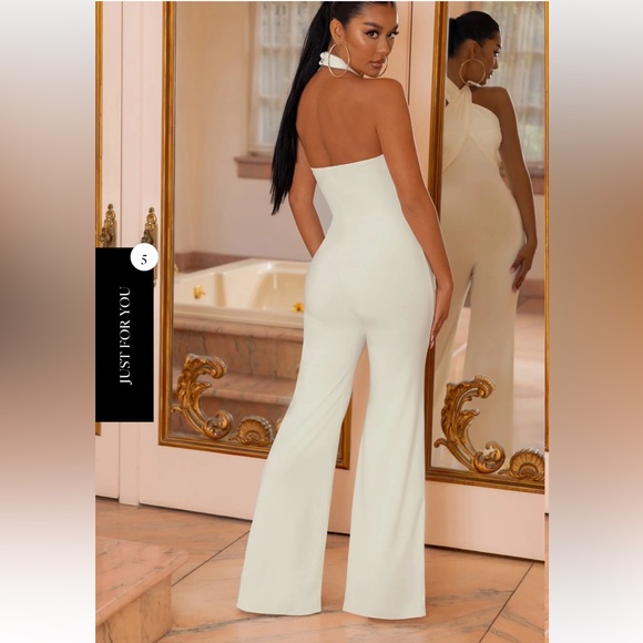 Club London Goddess White Halter Neck Flare Jumpsuit - Picture 2 of 3
